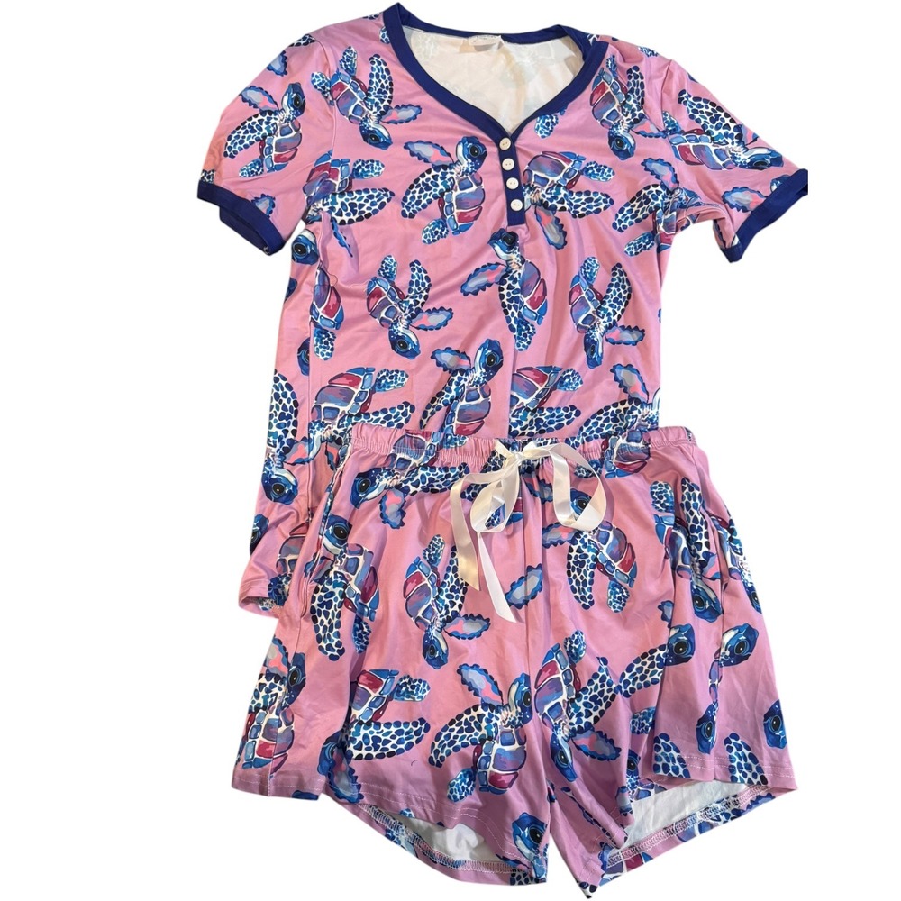 Shirley & Stone Pink Sea Turtle Pajama Set Shorts Buttery Soft Womens Medium